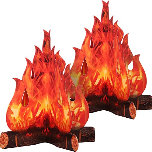 2 Sets 3D Cardboard Campfire Decorations - Red Orange, 12 x 10 Inch, Reusable Party Backdrop