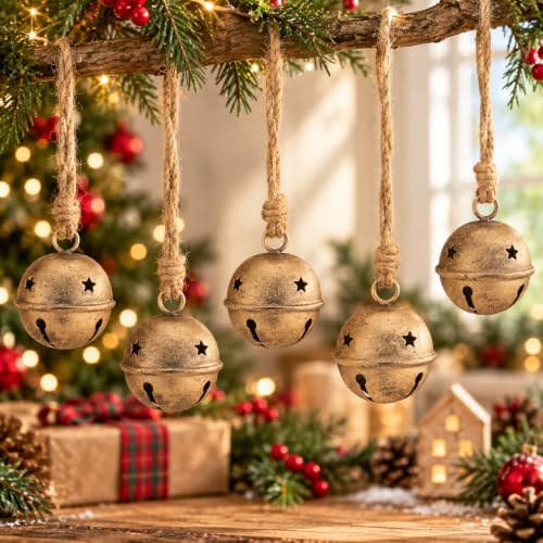 Gold Sleigh Bells for Christmas Decorations - 5 Pcs Brass Finish Rustic Ornaments with Jute Rope