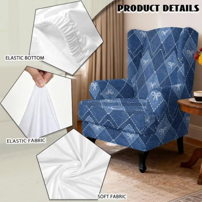 Blue Wingback Chair Slipcover Plaid Bow Pattern Durable Stretch Fit