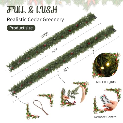 9FT Pre-Lit Christmas Cedar Garland with Lights & Remote Timer