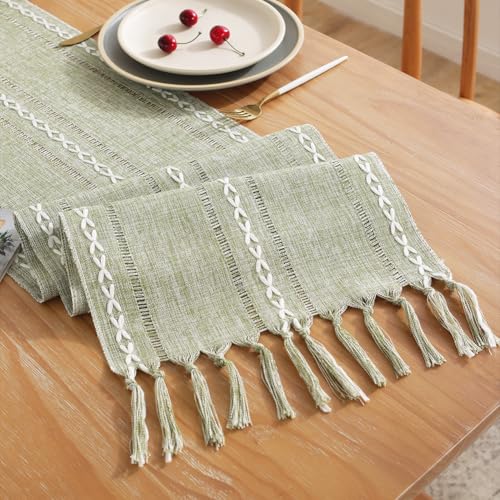 Rustic Table Runner with Tassels - Sage Green 13x86 Inches Farmhouse Boho Linen Cotton