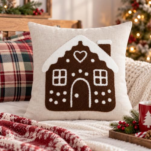 Gingerbread House Christmas Throw Pillow Cover 18x18 - Brown & White, Pack of 1