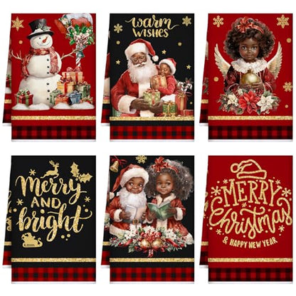Christmas Kitchen Towels Set - Santa & Snowman, Black & Red, 6 Pieces