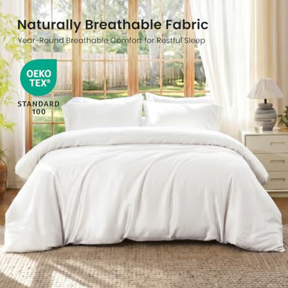Queen Size Duvet Cover Set - 100% Rayon Derived from Bamboo, Love's Cabin White