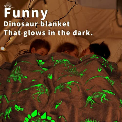 Glow in The Dark Dinosaur Blanket - Queen Size 90" x 90" Fluorescent Dinosaur