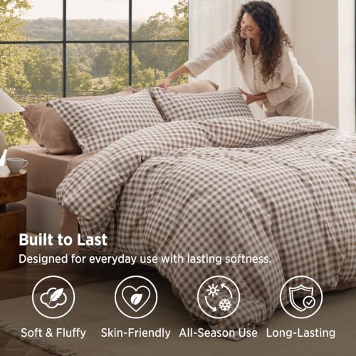 Bedsure Brown Gingham Queen Comforter Set - Reversible, Soft All-Season Bedding