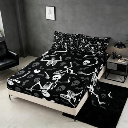 Obsidian Black & Off-White Queen Bed Sheet Set with Skeleton Print & Deep Pockets
