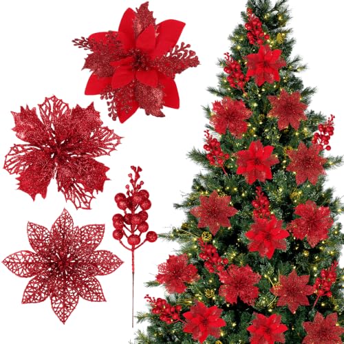 Artificial Red Christmas Poinsettia Flowers & Berry Picks - Holiday Decor, 66 pcs