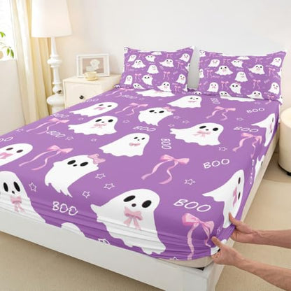 Kids Bed Sheets Full Size Ghost Themed Bedding Set Purple Pink White 44 Inch