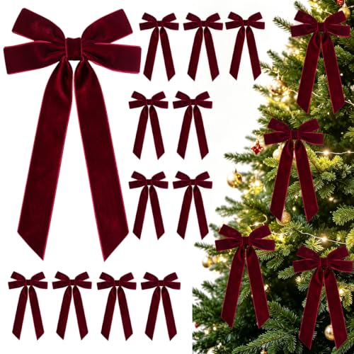 Burgundy Velvet Christmas Bow Set - Pre-Tied Holiday Tree Decorations, 12pcs