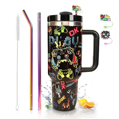Black Gaming Water Bottle 40oz Insulated Tumbler with Handle & Straw