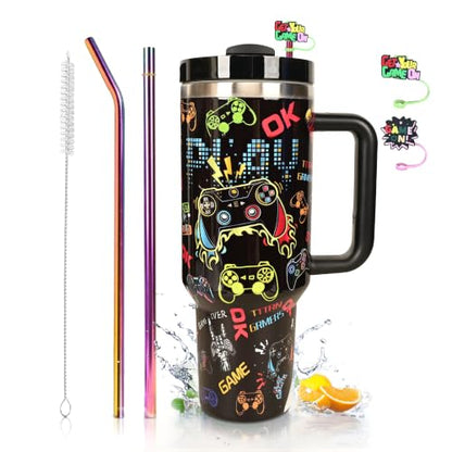 Black Gaming Water Bottle 40oz Insulated Tumbler with Handle & Straw