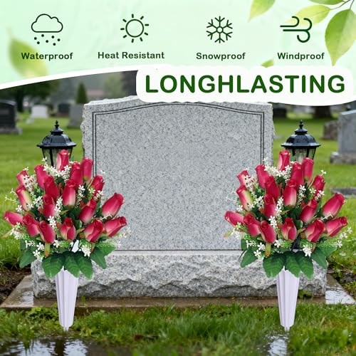 Artificial Cemetery Flowers for Grave Rose Pink 2-Pack with Vases - Memorial Flowers for Tombstone Decoration