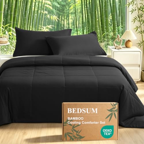 BEDSUM Twin Cooling Comforter Set - Black, 3-Piece Rayon Bamboo Blend