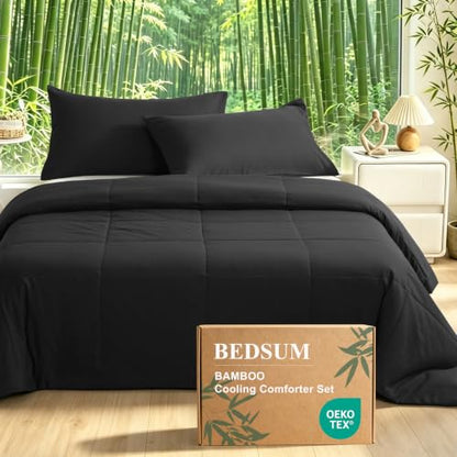 BEDSUM Twin Cooling Comforter Set - Black, 3-Piece Rayon Bamboo Blend