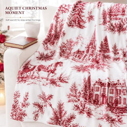 50x60 Flannel Christmas Throw Blanket with Vintage Toile Design