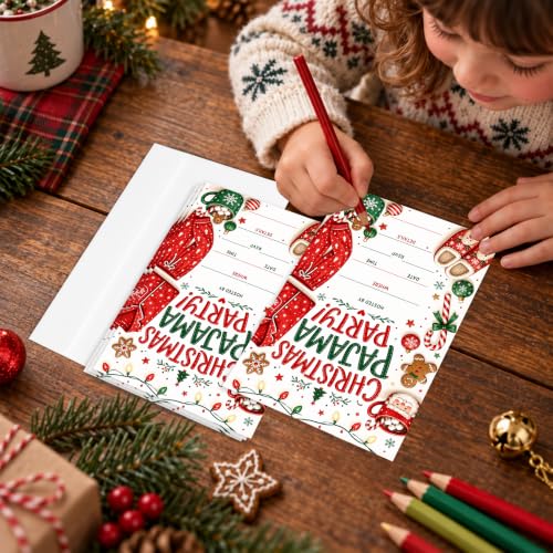 Christmas Pajama Party Invitation Cards - Set of 20 with Envelopes, Vibrant Design