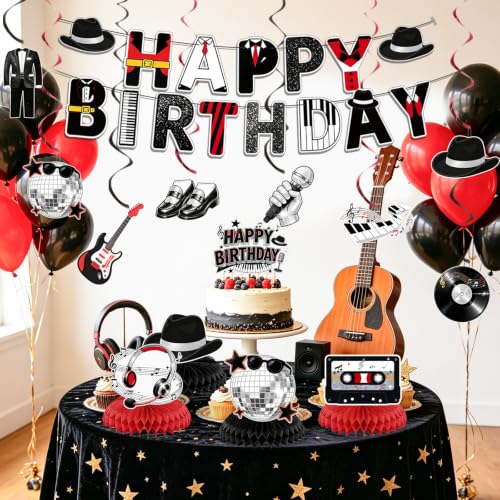 Retro Disco Party Decorations Set Black Red - Music Legend Birthday Supplies with Banner Honeycomb Centerpieces & Hanging Swirls