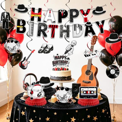 Retro Disco Party Decorations Set Black Red - Music Legend Birthday Supplies with Banner Honeycomb Centerpieces & Hanging Swirls
