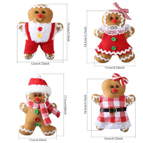 Gingerbread Man Ornaments Set - 4 Christmas Tree Decorations, 5.7 Inch & 6.8 Inch Tall, Holiday Decor