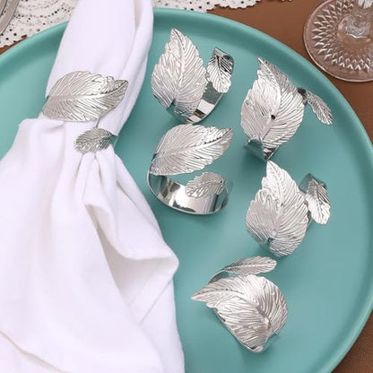 Silver Leaf Napkin Ring Set of 12 - Shiny Metal Table Decor for Holidays