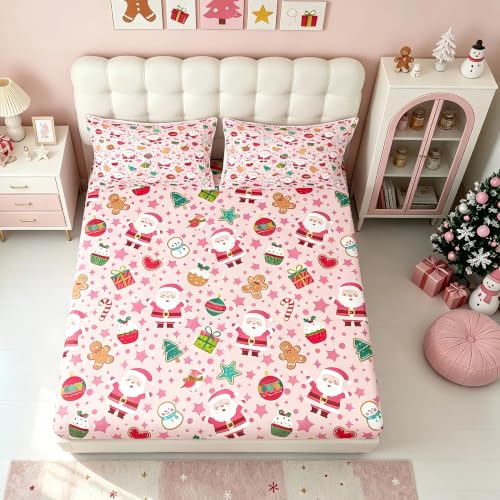 Pink Christmas Bed Sheets Set Twin Size Cartoon Santa Gingerbread Snowman No Top Flat Sheet
