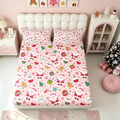 Pink Christmas Bed Sheets Set Twin Size Cartoon Santa Gingerbread Snowman No Top Flat Sheet