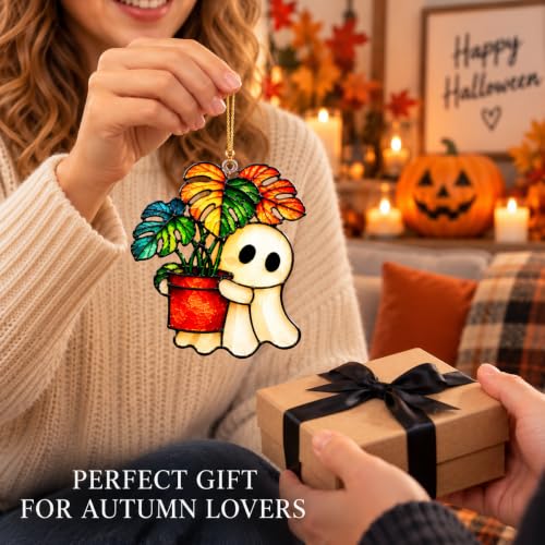 Halloween Ghost Plant Suncatcher Ornament - Monstera Variation
