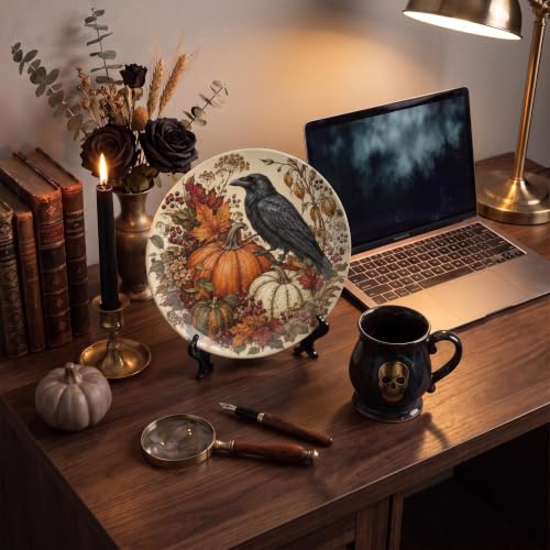 Halloween Decorative Plates Autumn Crow & Pumpkin 8 Inch - Bone China Wall & Table Decor