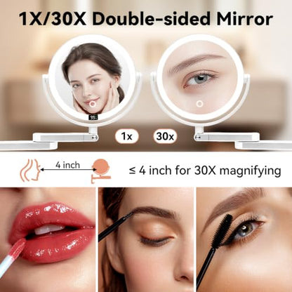White Wall Mounted Makeup Mirror with Digital Screen and Lights - 13" x 10"