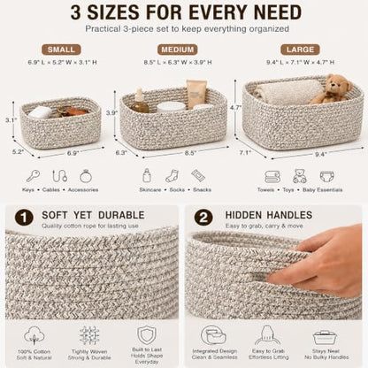 Brown 3-Pack Woven Cotton Rope Storage Baskets - Set of 3 Sizes
