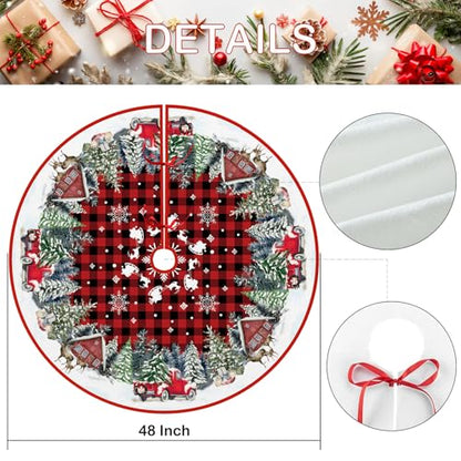 Red Buffalo Plaid Christmas Tree Skirt 48 Inch with Truck Design