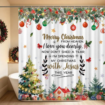 Christmas Shower Curtain with Xmas Tree & Holiday Quotes - Rustic Farmhouse Style, 72x72 Inches - Variation of THIS listing