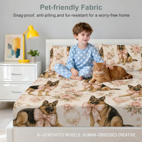 Twin German Shepherd Floral Fitted Sheet Set - Pink Bow Shepherd Variation