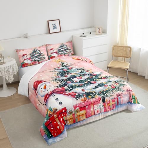 King Size Christmas Tree Comforter Set with Snowman & Santa Design - Pink Green White