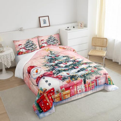 King Size Christmas Tree Comforter Set with Snowman & Santa Design - Pink Green White