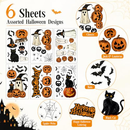 Halloween Window Clings Stickers Set - Ghost, Pumpkin, Bat & Spider Web - Style 14