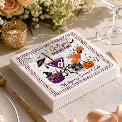 Halloween Mahjong Cocktail Napkins - Spooky Bat & Pumpkin Party Decor