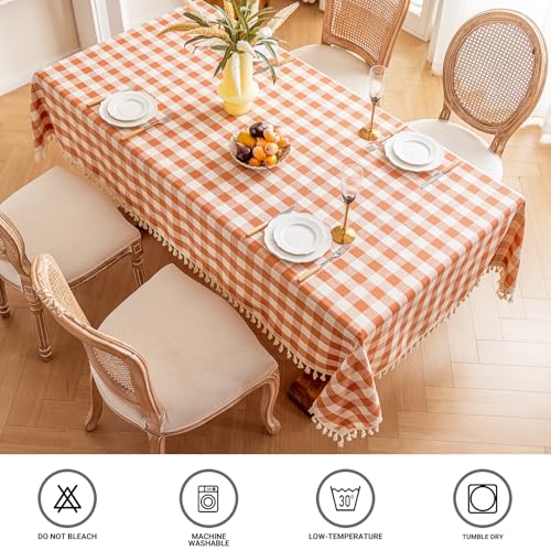 Checkered Fall Tablecloth Rectangle Cotton Linen Gingham with Tassels - Orange 55x102 Inches