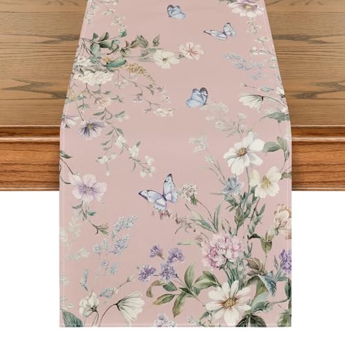 Pink Wildflower Leaf Spring Table Runner 13x72 Inch Home Decor