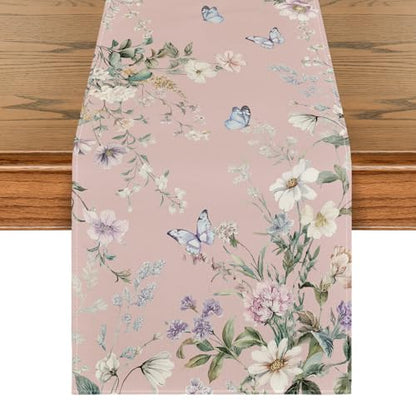 Pink Wildflower Leaf Spring Table Runner 13x72 Inch Home Decor