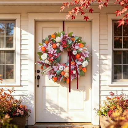 24 Inch Fall Door Wreath with Red Bow - Autumn Harvest Thanksgiving Decor