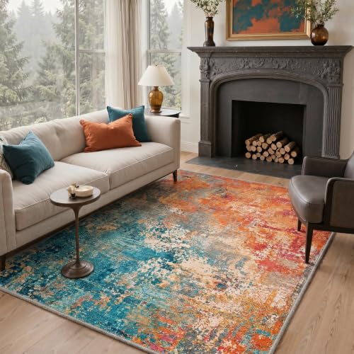 Washable Abstract Runner Rug 2x5 ft Non-Slip Entryway Carpet - Aqua Saffron