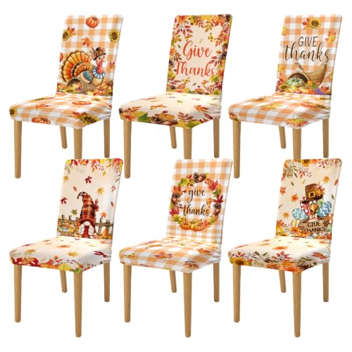 Thanksgiving Chair Covers Set of 6 - Removable Washable Autumn Pumpkin Slipcovers