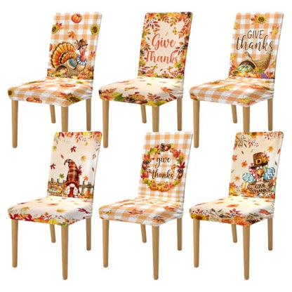 Thanksgiving Chair Covers Set of 6 - Removable Washable Autumn Pumpkin Slipcovers