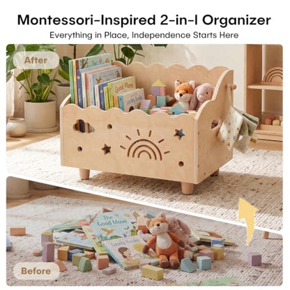 Natural Montessori Toddler Bookshelf with Rainbow & Cloud Cutouts - Wooden Childrens Storage