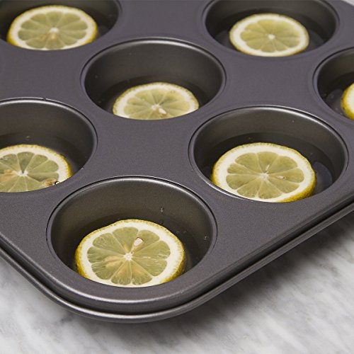 Ecolution Bakeins 12 Cup Muffin and Cupcake Pan – PFOA, BPA, and PTFE Free Non-Stick Coating – Heavy Duty Carbon Steel – Dishwasher Safe – Gray – 13.75” x 8.25” x 1.125”