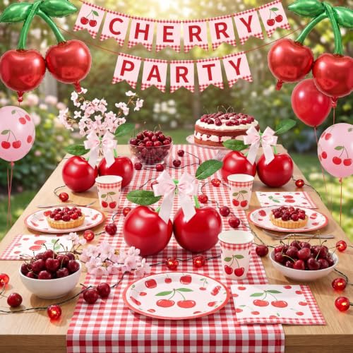 Large Cherry Party Decorations Set - Pink Satin Bows, Fake Red Cherries, Wedding & Event Decor