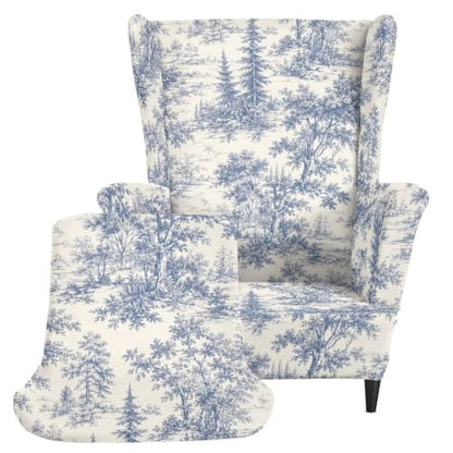 Blue Toile De Jouy Wingback Chair Slipcover Set - Stretch Washable Armchair Protector