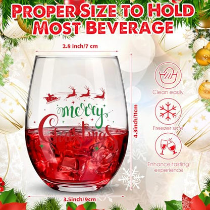 Umigy 8 Pcs Christmas Stemless Wine Glasses 15 oz Word Theme, Red Green Variation